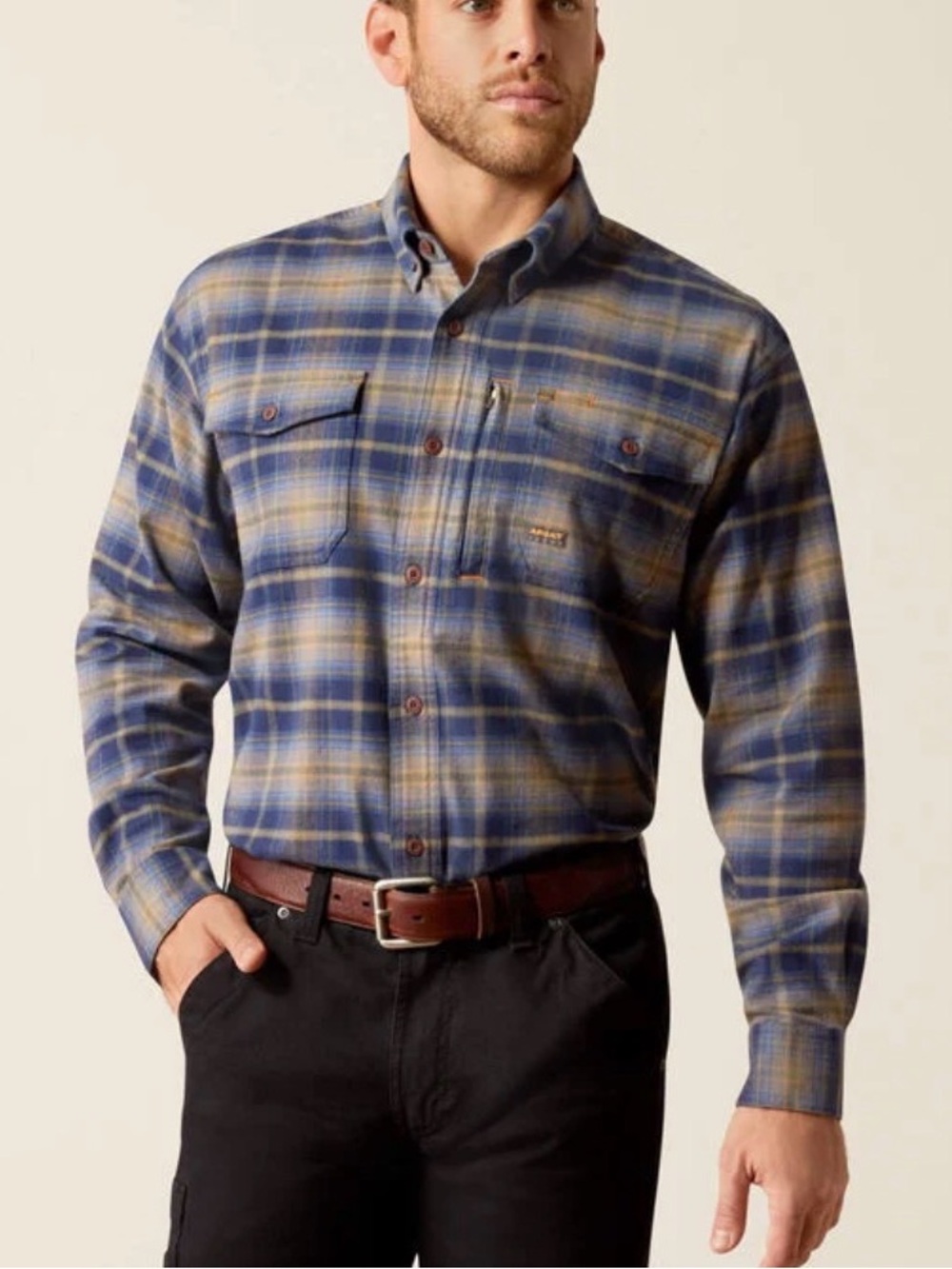 Ariat Rebar Flannel Durastr Blue and Tan Plaid Long-Sleeve Button-Down Shirt